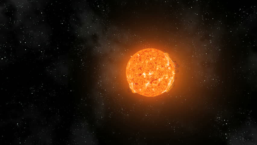 Orbiting the Sun on an oval track. Sun shows eruptions. Loopable animation.