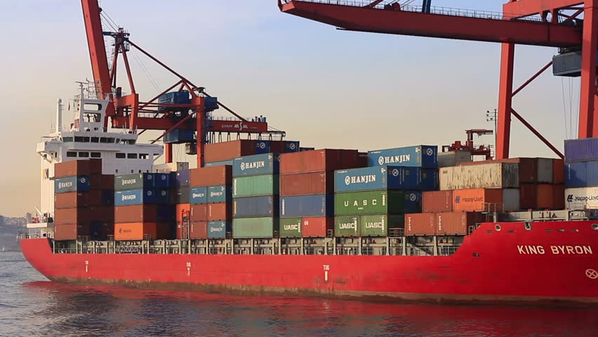 ISTANBUL - MAY 7: Container Ship, King Byron (IMO: 9357781, Marshall Is) with full of cargo docked in port on May 7, 2012 in Istanbul. This particular terminal is one of main trading ports in Turkey
