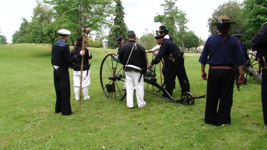 PORT GAMBLE, WA - JUN 20:  	Union naval shore party loads their cannon in a mock battle at Port Gamble, WA on June 20, 2009.