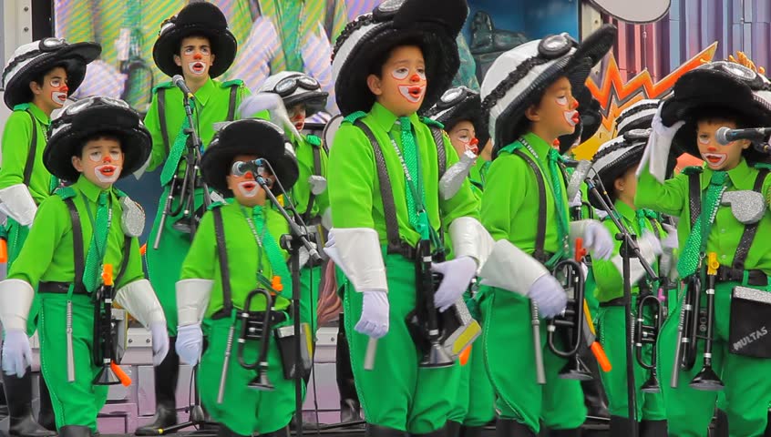 LAS PALMAS, SPAIN - FEBRUARY 20: Children singing group with costumes from Canary Islands during the Murgas Infantiles competition on February 20, 2012 in Las Palmas de Gran Canaria, Spain. 