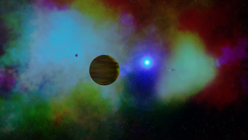 Alien Solar System. Camera flies into an alien solar system with a blue sun, past a gas planet with moon, and continues to an earth-like planet with a ring system and two moons.