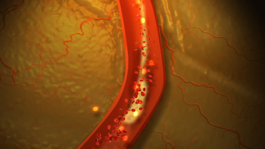 Ethanol or Alcohol molecule and red blood cells in bloodstream and ethanol molecules pass from capillary vessel in brain and cross the blood brain barrier in cutaway of vessel of 3D CG animated model
