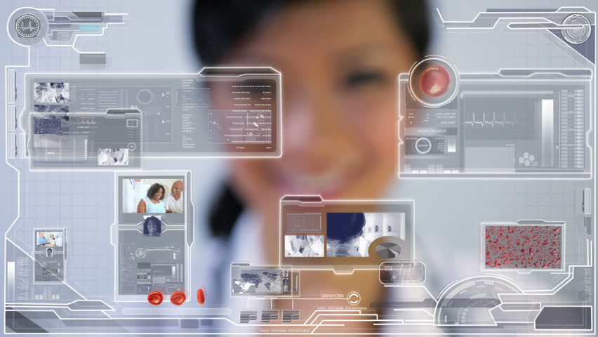 Medical science touchscreen graphic technology being accessed by female Asian doctor in a modern medical facility