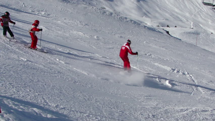  PORTES DU SOLEIL, FRANCE - FEB 28 - 	Ski school heads down the slopes 		on Feb 28, 2012 near Avoriaz, in the Portes du Soleil, France
