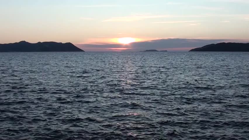 Sunset, sea, ripples waves, clouds, islands, waves sound