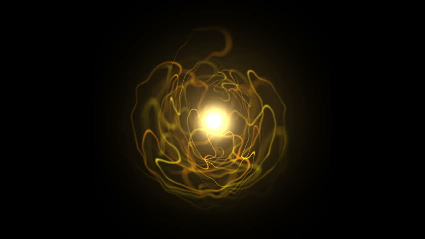Animated 3D bright glowing ball with swirling flare lines originating from center of screen