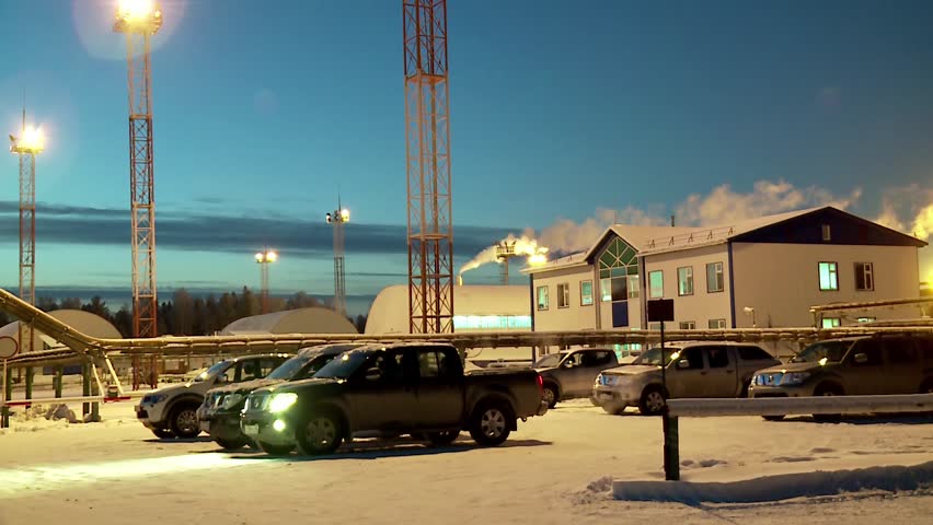 Parking & residential town of oilmen at winter.