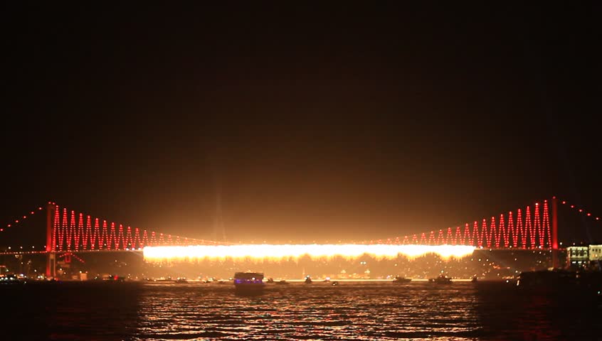 Let's beginning the show. Istanbul celebrates to Republic with a great show from 16 different points. Fireworks show started on the Bosporus Bridge with a 42 firing system and 800 meter wide firefall
