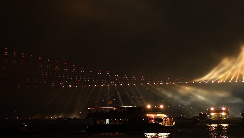 October, 29 festival in Istanbul. Running lights on Bosporus Bridge
