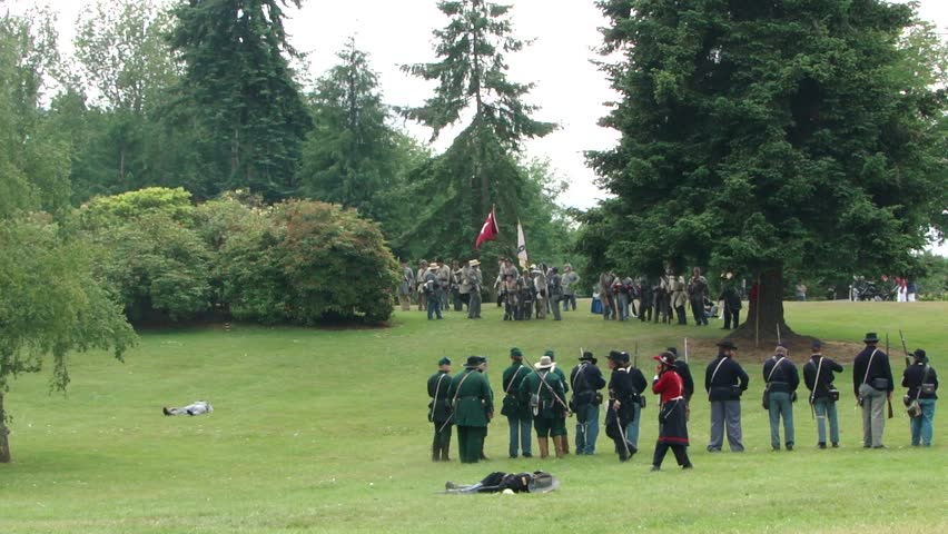 PORT GAMBLE, WA - JUN 20 -  	Union infantry line reforms to protect their flank.		in a mock battle at Port Gamble WA on Jun 20, 2009.
