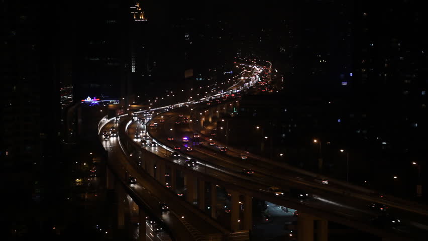 Aerial View of Shanghai Skyline, China, Yan'an East Road Overpass, blurred logos