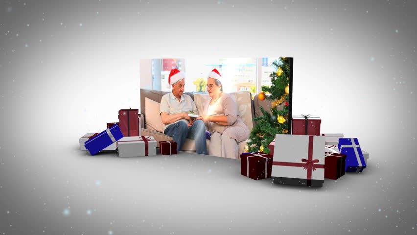 Big screen animation with couples inside enjoying christmas together