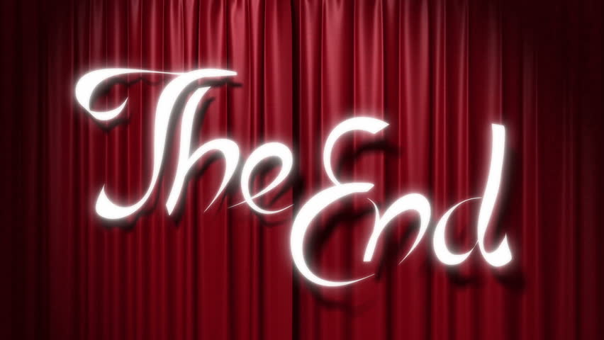 closing red curtain with a title "the end", 3d animation