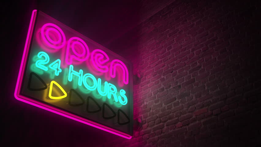 Neon Wall Signs flashing neon on a brick wall. open 24 hours sign. cg animation Neon Wall Signs flashing neon on a brick wall. open 24 hours sign. cg animation