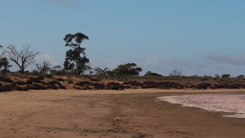 Pan right of a Pink salt lake in the Murray Sunset National Park, Victoria, Australia
