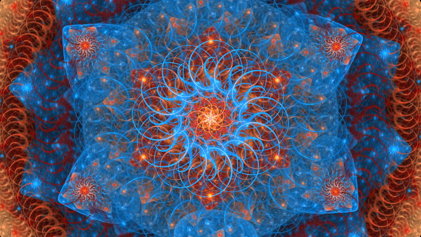 Decorative kaleidoscope mandala in orange and blue line seamless loop