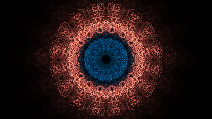 Decorative kaleidoscope mandala in orange and blue line seamless loop