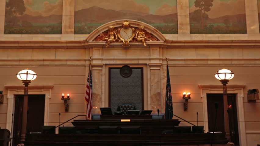 SALT LAKE CITY, UTAH NOV 2012: Utah State Capital Senate Chamber zoom. Utah State capital building high on a hill overlooking the city of Salt Lake City. Elegant architectural interior design.