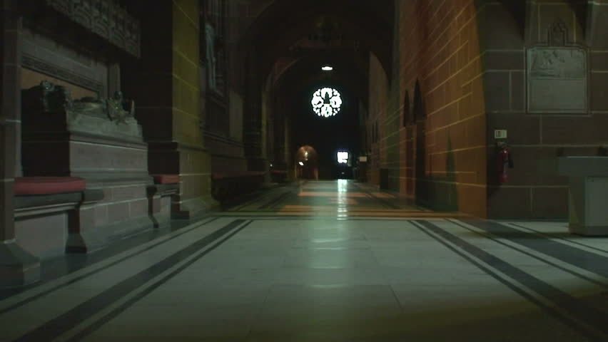 Teenage girl pushing baby in pram fades away inside a church