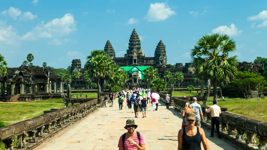 ANGKOR, DECEMBER 12, 2012: Timelapse of tourists visiting Angkor Wat Temple in Cambodia on Dec 12, 2012. 