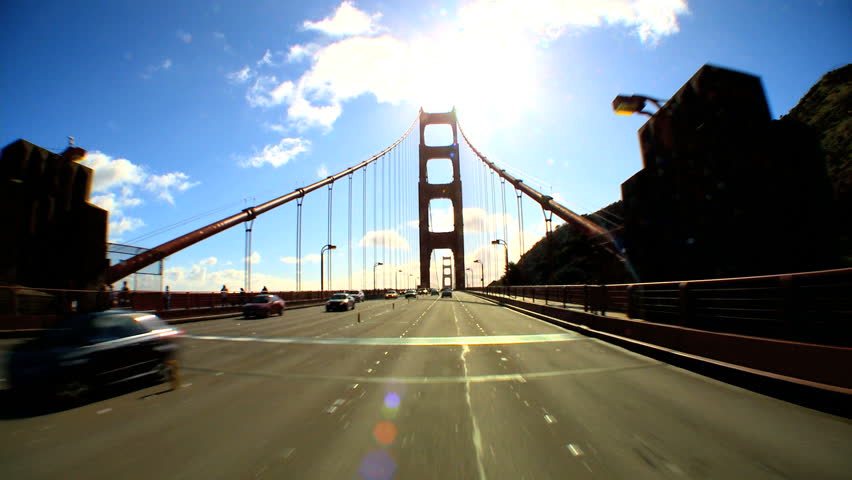 Point-of-view with fish-eye driving the Golden Gate Bridge