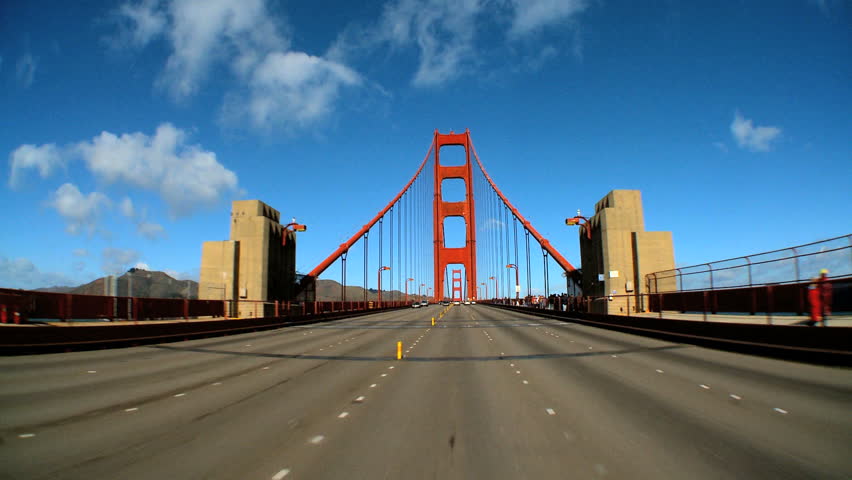 Point-of-view with fish-eye driving the Golden Gate Bridge