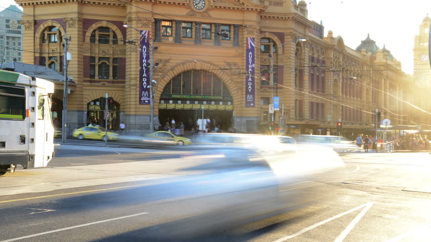 MELBOURNE, MELBOURNE- JANUARY 16: Time lapse of Traffic Crossing Flinders Street, Melbourne on January 16, 2013.