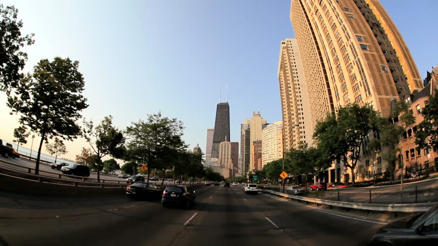 POV shot of driving on a street in Chicago in the afternoon
