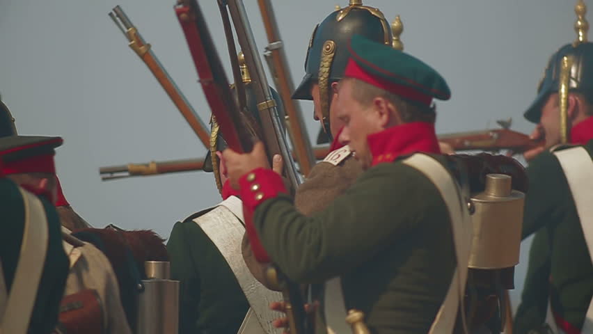 CRIMEA, UKRAINE â SEPTEMBER 29, 2012: Russian troop prepares to shoot during reenactment of Battle of Alma (Crimean War 1853 - 1856) on a historical festival in Crimea. Slow motion.