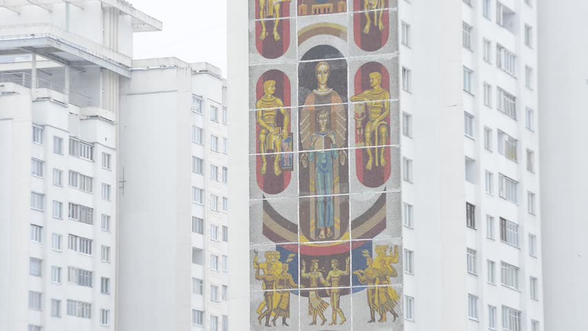 MINSK, BELARUS - 13 JANUARY 2013 - Old Soviet Art on the wall of apartment building in Belarus - the last dictatorship in Europe, 13 January 2013. Lukashenko is the Belarus' only president from 1994.