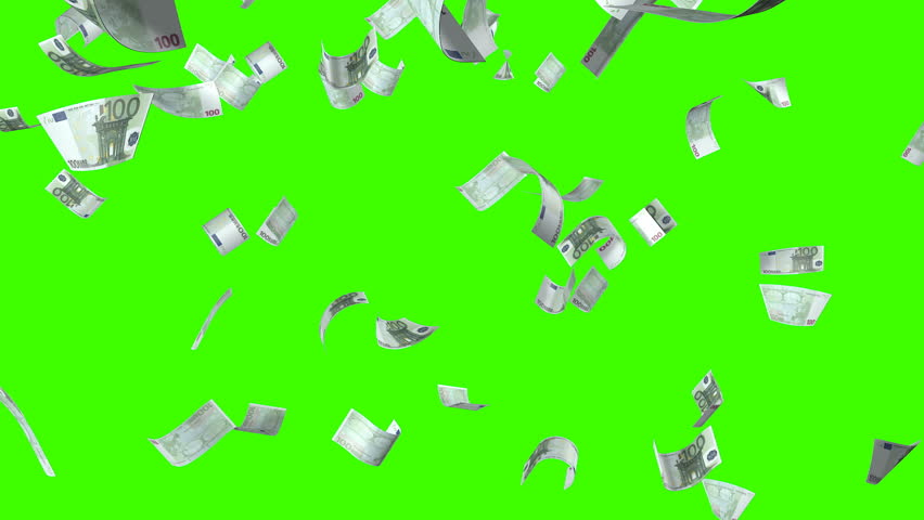 Flying banknotes of EURO. Isolated over green alpha