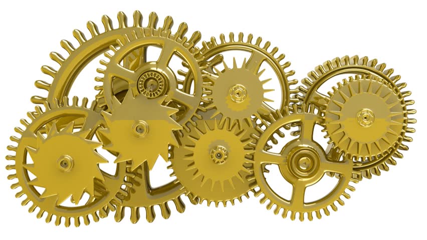 Isolated rotating golden gears. 1080 HD. Looped. Alpha channel included.