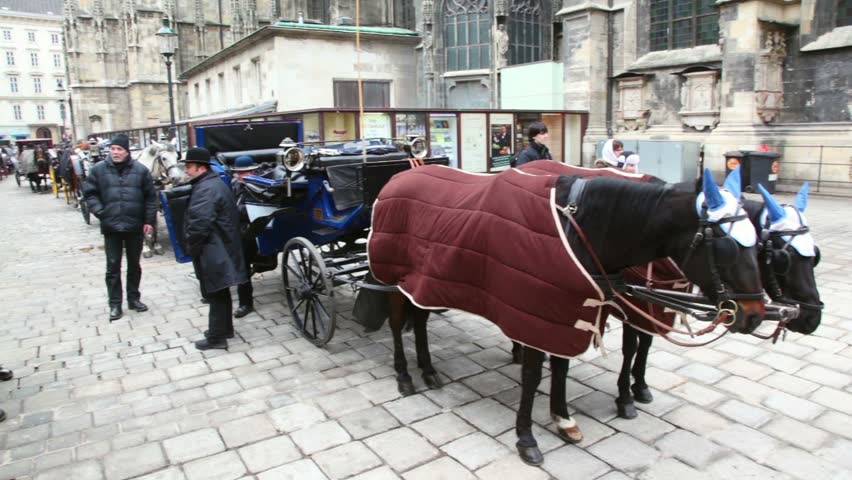 VIENNA- FEB 19: parking of vehicles harnessed by horses on streets Vienna on Feb 19, 2011, Vienna, Austria. Hired city crew on horse draft, used in countries of Western Europe as taxi to car invention