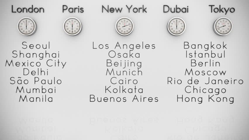 Businessmen Rush Hour with World Clocks and Big Cities on Background, loop