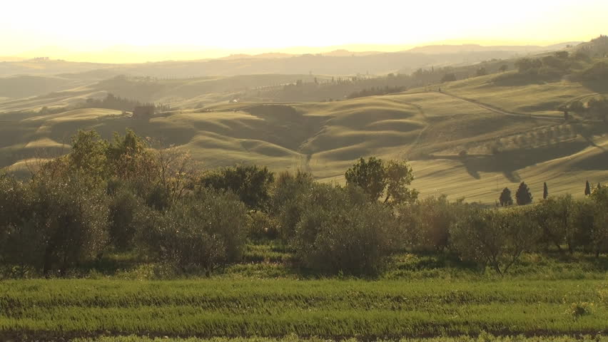 Val d'Orcia in the province of Siena in Tuscany, Italy at sunset