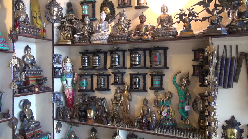 Tibetan buddhist souvenirs and religious objects in Dharamsala shop, India