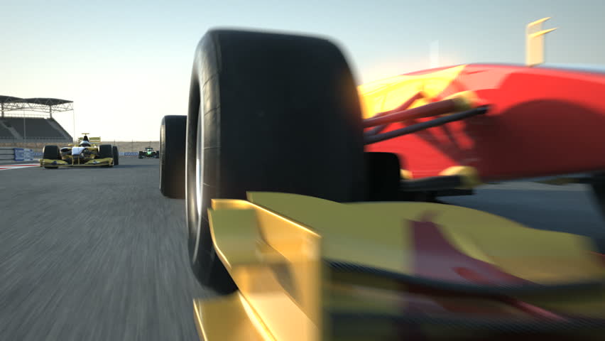 formula one racecars crossing finishing line - rear cam POV - high quality 3d animation - visit our portfolio for more
