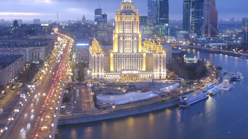 MOSCOW - NOV 14: (Timelapse) Evening panorama of Ukraine Hotel and construction of the underground parking, on Nov 14, 2012 in Moscow, Russia. Ukraine hotel is the former name of Radisson Royal Hotel