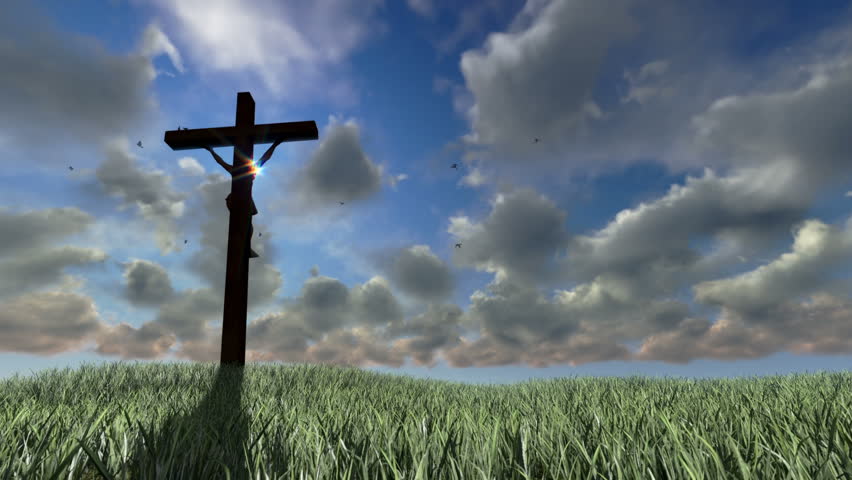 Jesus on Cross, meadow and timelapse sunset