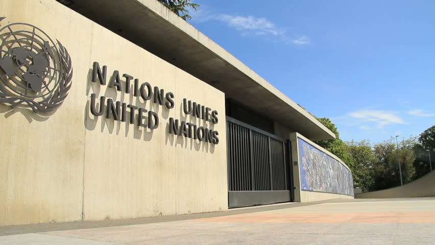 GENEVA - CIRCA JUNE 2012 : Tracking shot at UN headquarter entrance in Geneva, Switzerland.