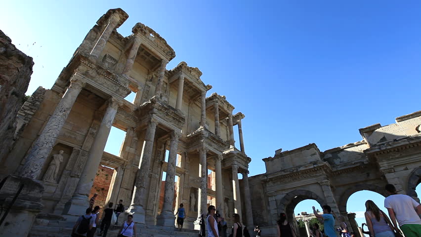SELJUK, TURKEY - JUNE 10: People visit Celsus library in Ephesus and tourists on June 10 2012 in Seljuk. 
               