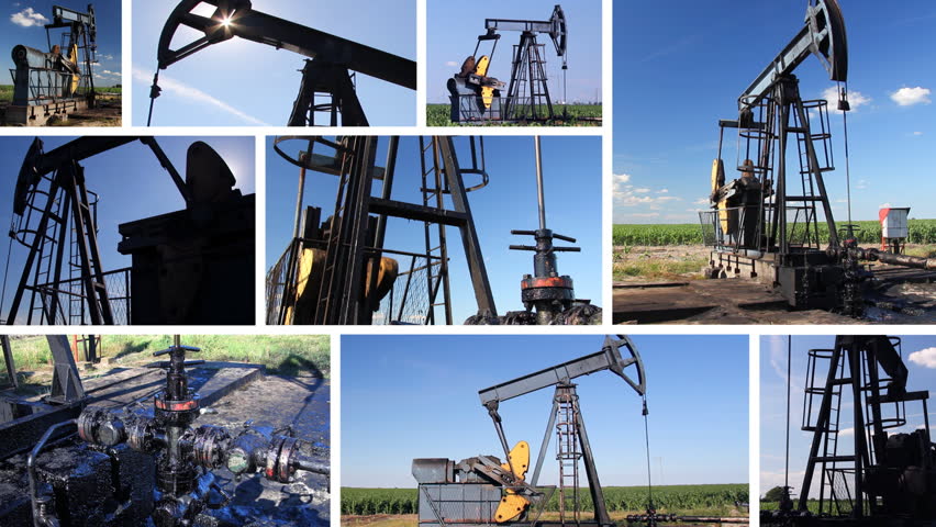 Oil Pump Jack in a field, montage split screen