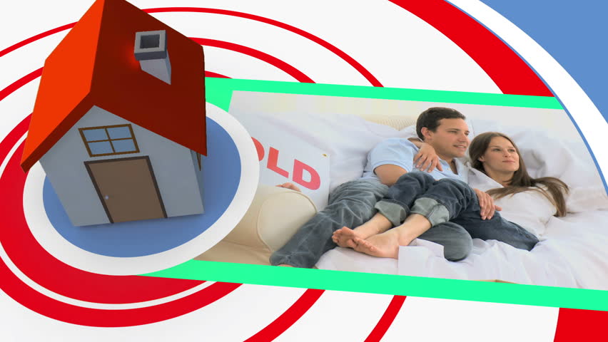 Moving home montage on spiral background with 3d house graphic