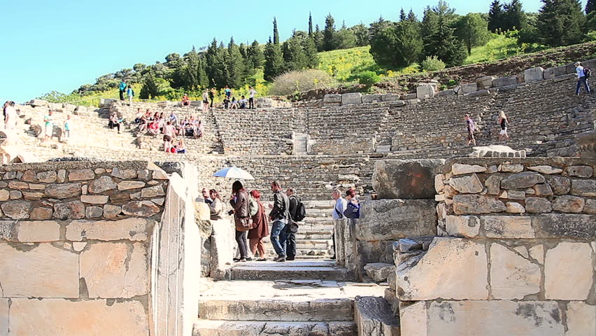 EPHESUS, TURKEY - JUNE 10: Tourists visit Odeion in the Ephesus amphitheater on June 10, 2012