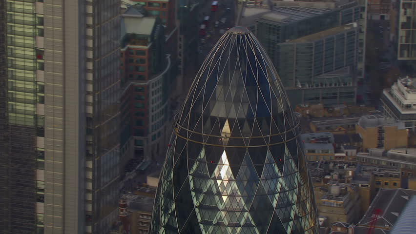 A wide shot aerial view of the London financial district and some of London's most famous buildings