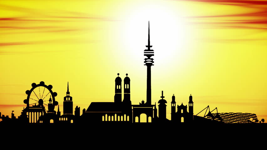 Animation of skyline of Munich city at sunset like timelapse