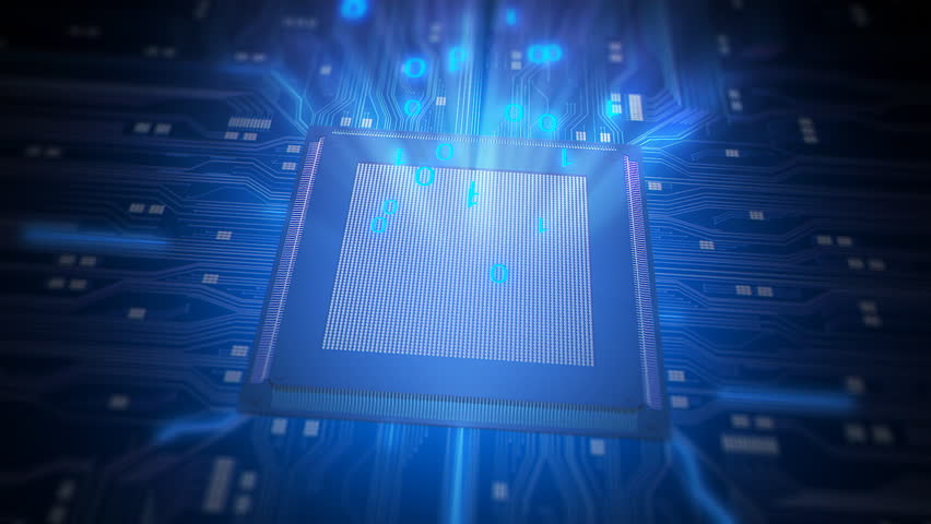 CPU microchip rotating on an electronic circuit board. Seamless loop.