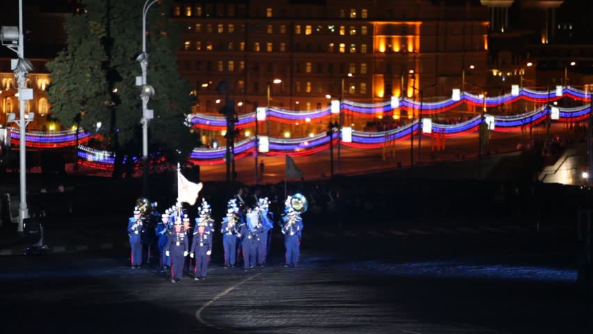 MOSCOW - SEP 4: March of english orchestra at Military music Festival Spasskaya Tower, on Sep 4, 2011 in Moscow, Russia.