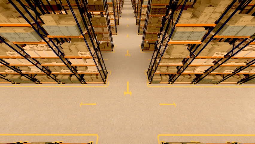 Warehouse interior 3d loopable animation. Camera is moving forward.