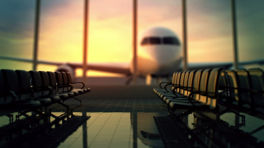 Animation of modern airport terminal with black leather seats and a huge viewing glass facade.